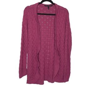 Pact Organic Cardigan Women Medium Pink Pointelle Knit Open Front Cotton Sweater